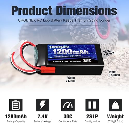 Miniatura 2 de URGENEX Batería Lipo de 7.4 V con enchufe JST 2S 30C (60 C) batería de litio recargable de 1200 mAh compatible con UDIRC Cheewing y la mayoría de