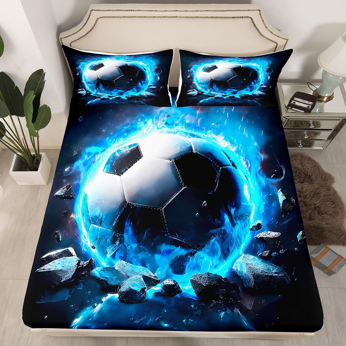 jejeloiu Kids 3D Soccer Fitted Sheet Queen Size Football Bed Sheets Set for Boys Girls Teens Sports Theme Bedding Set Room Decor