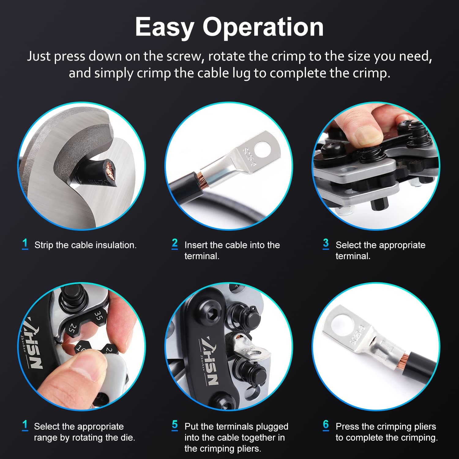 Zhushan Battery Wire Crimper Kit, Battery Cable Lug Crimping Tool 10-1/0 AWG with Cable Cutter and 60Pcs Copper Ring Terminals Set, Heavy Duty Wire Crimper for Battery Terminal : Everything Else