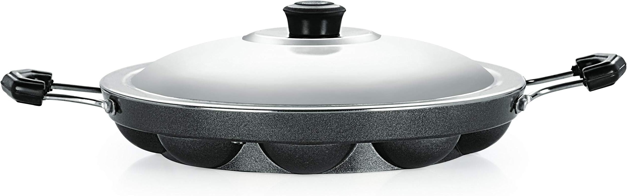Nirlon Non-Stick Aluminium 12 Cavity Appam Paniyarakkal | Paniyaram | Appam Pan | Pan Cake Maker | Ponganal Maker | Paddu Tawa with with 2 Side Handle and Stainless Steel Lid[New_26mm_Classic_AP12]