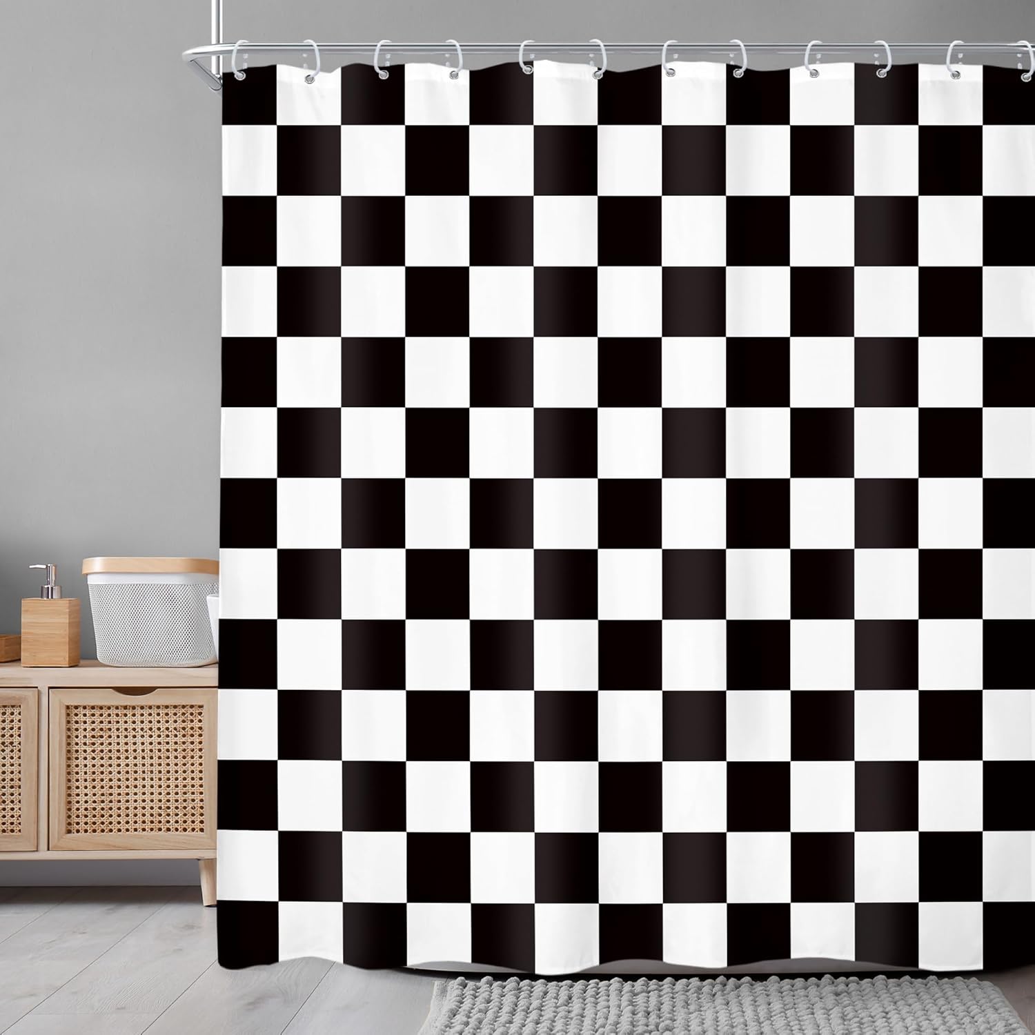Newsely Checkered Shower Curtain 72Wx78L Inch Black White Shower Curtains for Bathroom Cute Retro Checkerboard Shower Curtain Vintage Aesthetic Bathroom Set Modern Waterproof Accessories Home Decor