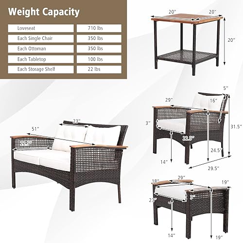 Miniatura 5 de Tangkula Patiojoy - Juego de muebles de patio de mimbre de 7 piezas, juego de conversación de madera de acacia con 2 otomanos y 2 mesas auxiliares