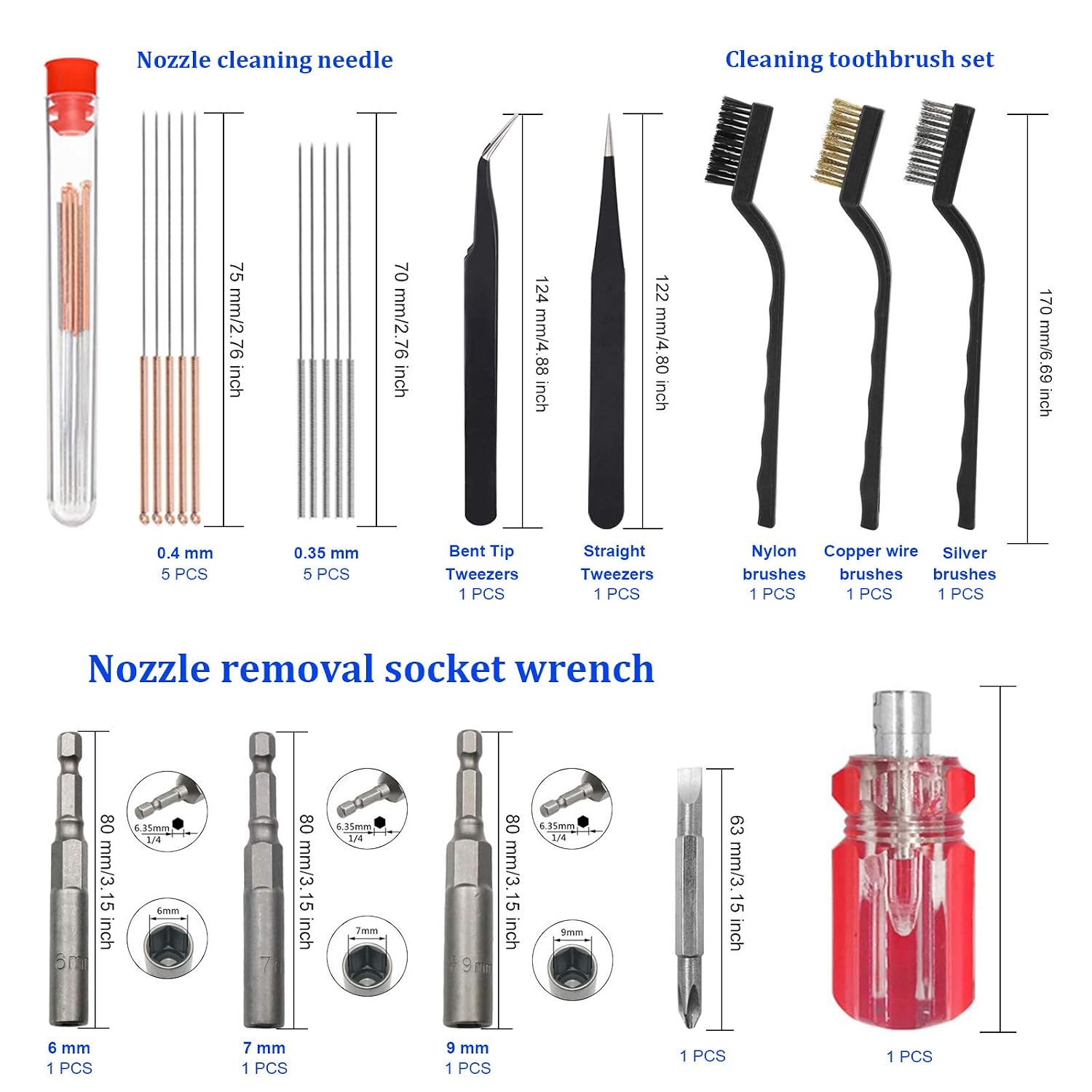 HAWKUNG 36 PCS 3D Printer Tool Kit, 3 in 1 Nozzle Change Tool, Needles, Pliers, Tweezers, Spanner, Scraper, Brush, Cutting mat, Clean Up Knives for Nozzle Change and Model Removing, Cleaning
