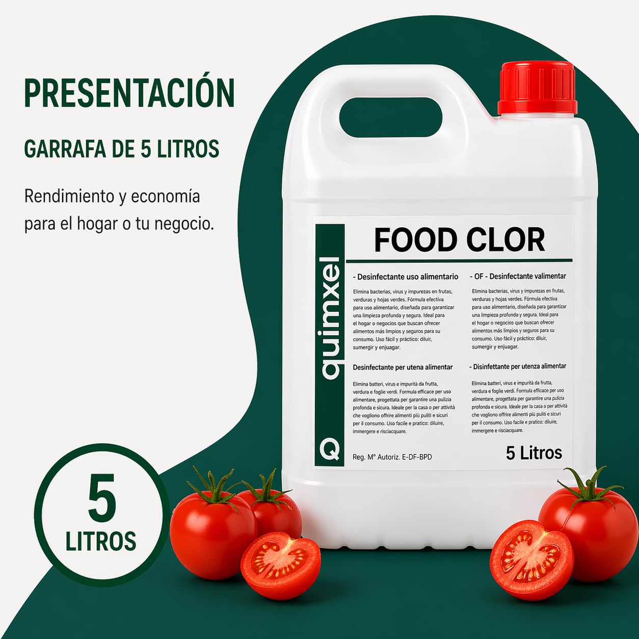 Desinfectante de frutas y verduras - Elimina eficazmente las bacterias - 5L - Apto para uso en industria alimentaria - Coadyuvante alimentario - Cumple con Normativa EN 901 (1)