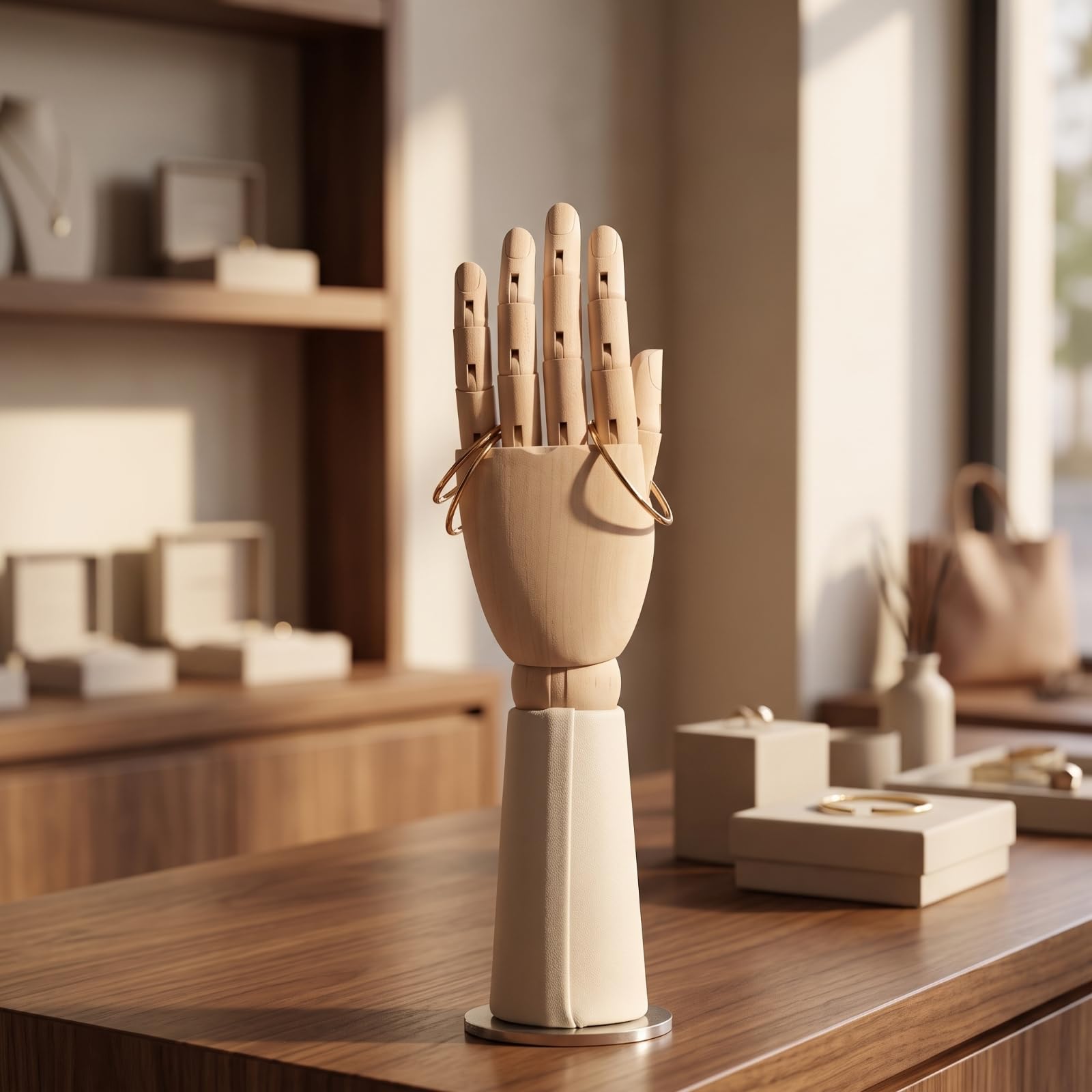 Mannequin-Hand mit Lederoptik drehbar Präsentationshand mit beweglichen Fingern dekorativ Präsentationshand für , 米白色皮革短款右手模 , Kurzes Handmodell Aus Leder, Rechte Hand, Farbe Cremeweiß