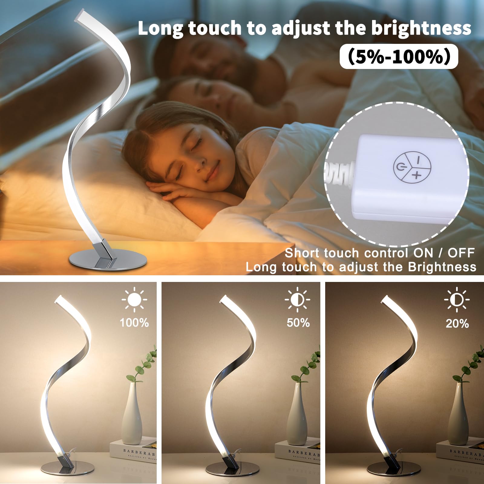 LED Lampada da Tavolo Dimmerabile, da Comodino, da Lettura, a Spirale 3000K-5000K (Caldo/Naturale/Freddo Bianco) da Scrivania, per Camera da Letto Soggiorno