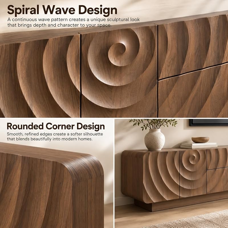 KEIKI 86" TV Console, Spiral Wave Design, 4 Drawers, Media Storage, Walnut image 3