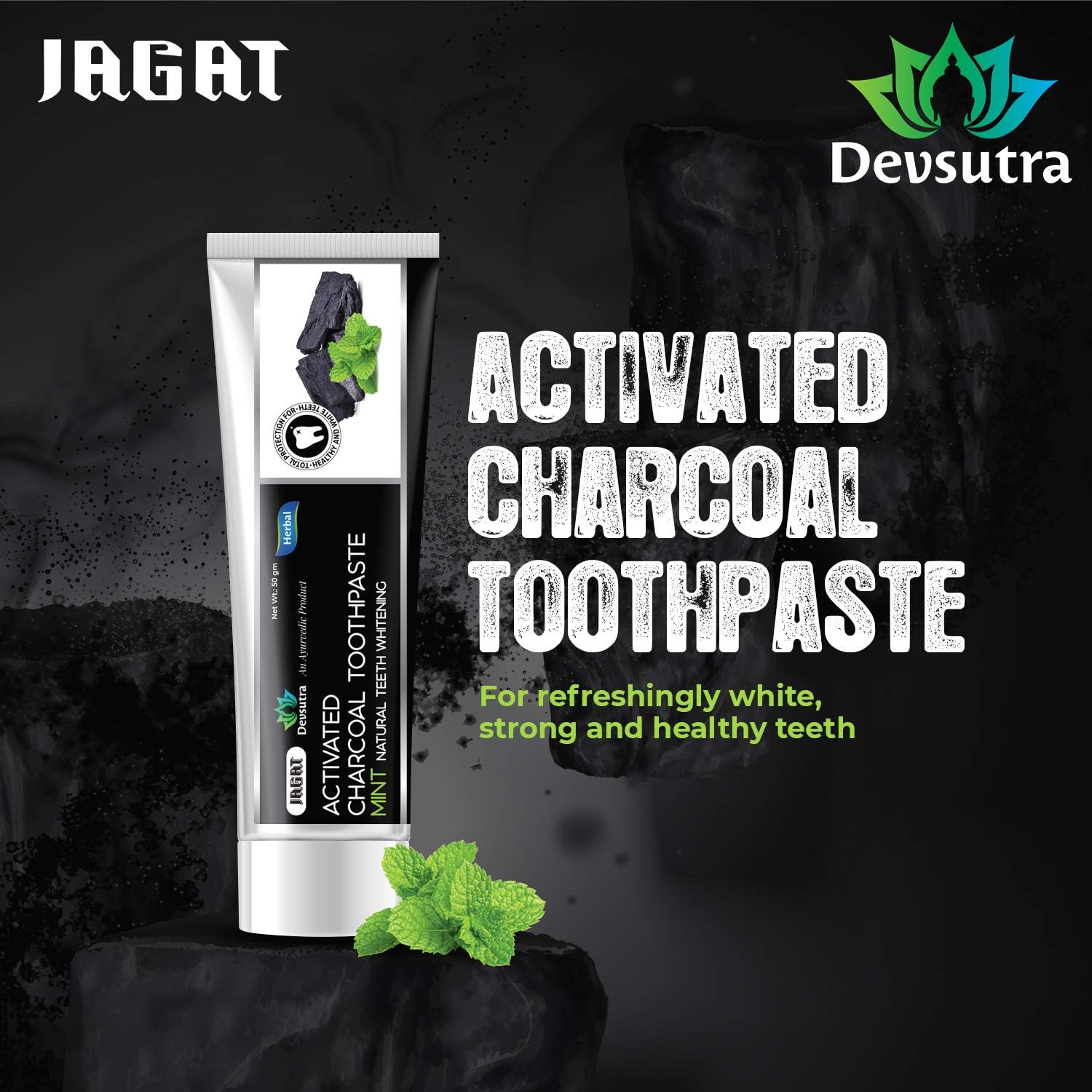 Top Rated Jagat Activated Charcoal Mint Toothpaste | Fluoride Free Herbal Toothpaste | 100% Natural Teeth Whitening, No Artificial Colors, BPA Free, Gum Cure, Vegan - Pack of 3 (3.5oz X 3)