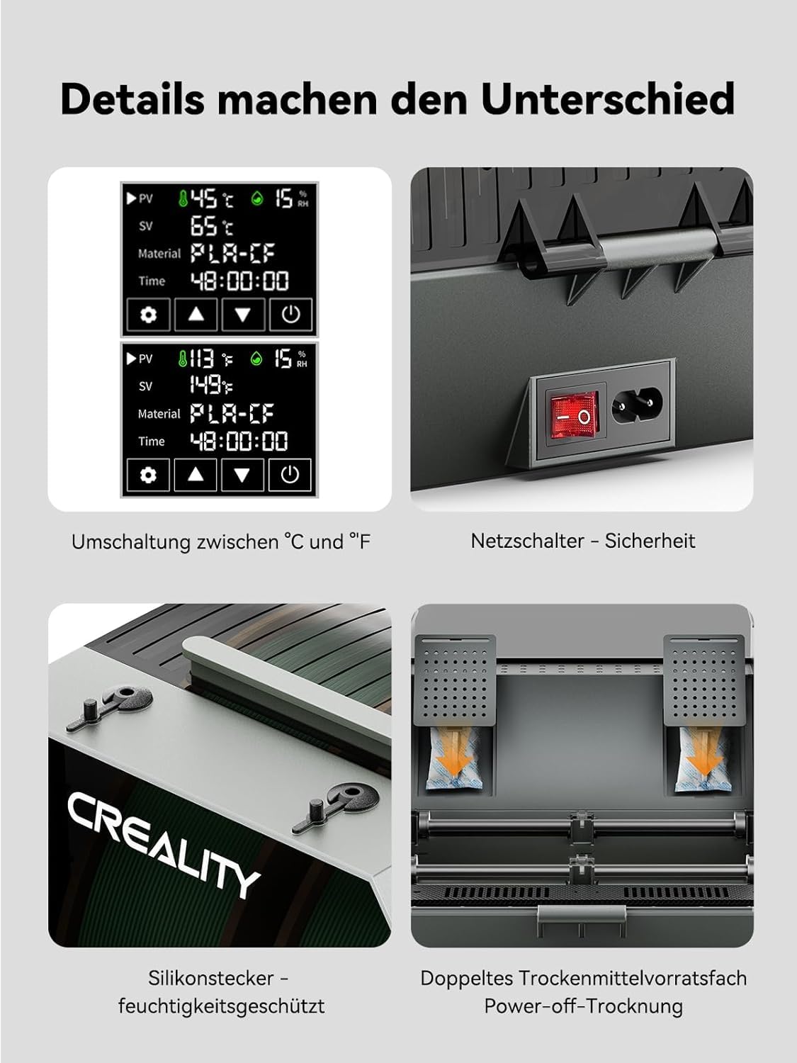 Creality Space Pi Filament Dryer Plus, Doppelrollen Filament Trockenbox, 360° Heiztrocknung mit Lüfter und Touchscreen, 3D-Drucker Filament Spulenhalter für 1,75/2,85/3 mm PLA, PETG, ABS, TPU