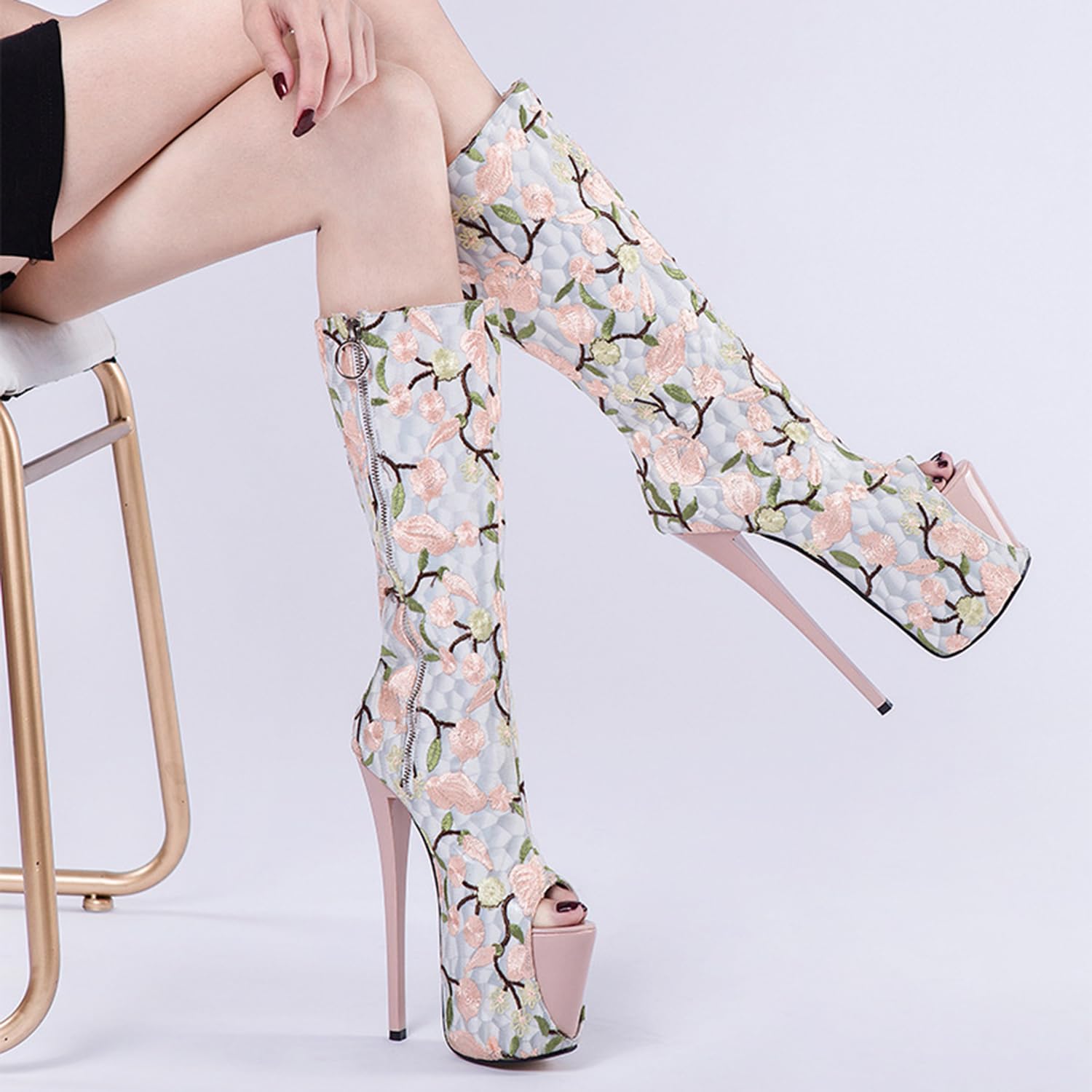 Bottes mi-Mollet brodées Vintage pour Plate-Forme Unisexe Super Stiletto Talon Haut Bout Ouvert Fermeture éclair Genou Bottes Hautes Sexy Fetish Party soirée Chaussures à Talons