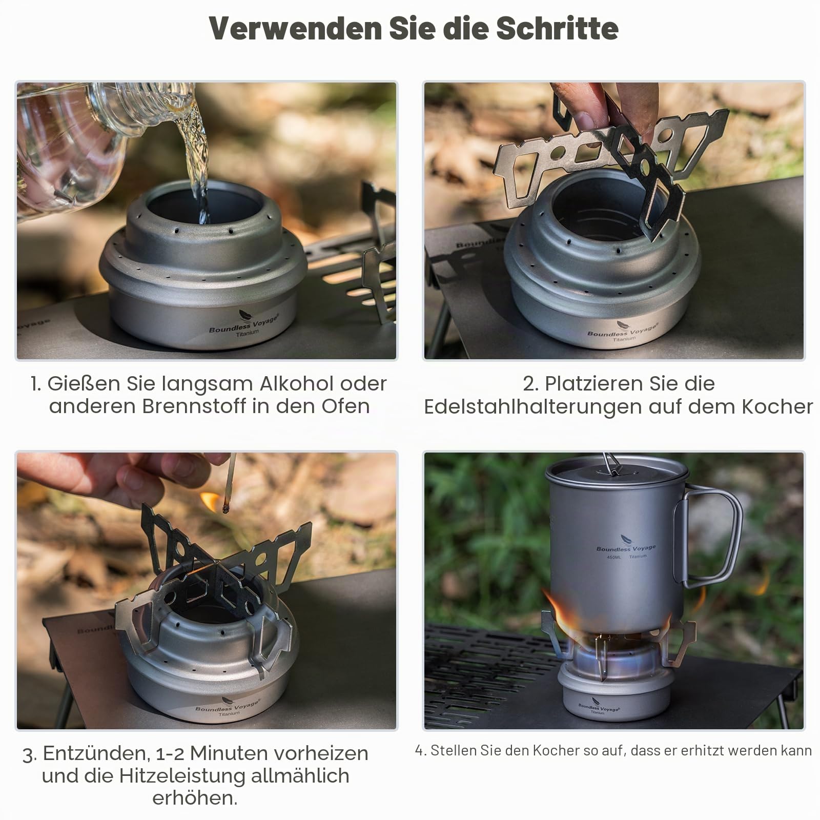 iBasingo Titan Alkoholkocher Spirit Herd mit Halterung Camping Spirituskocher Tragbarer Brenner Outdoor Mini Heizung Flüssigalkohol Herd Picknick Ofen Backpacking Wandern Stove mit Sack Ti2001C