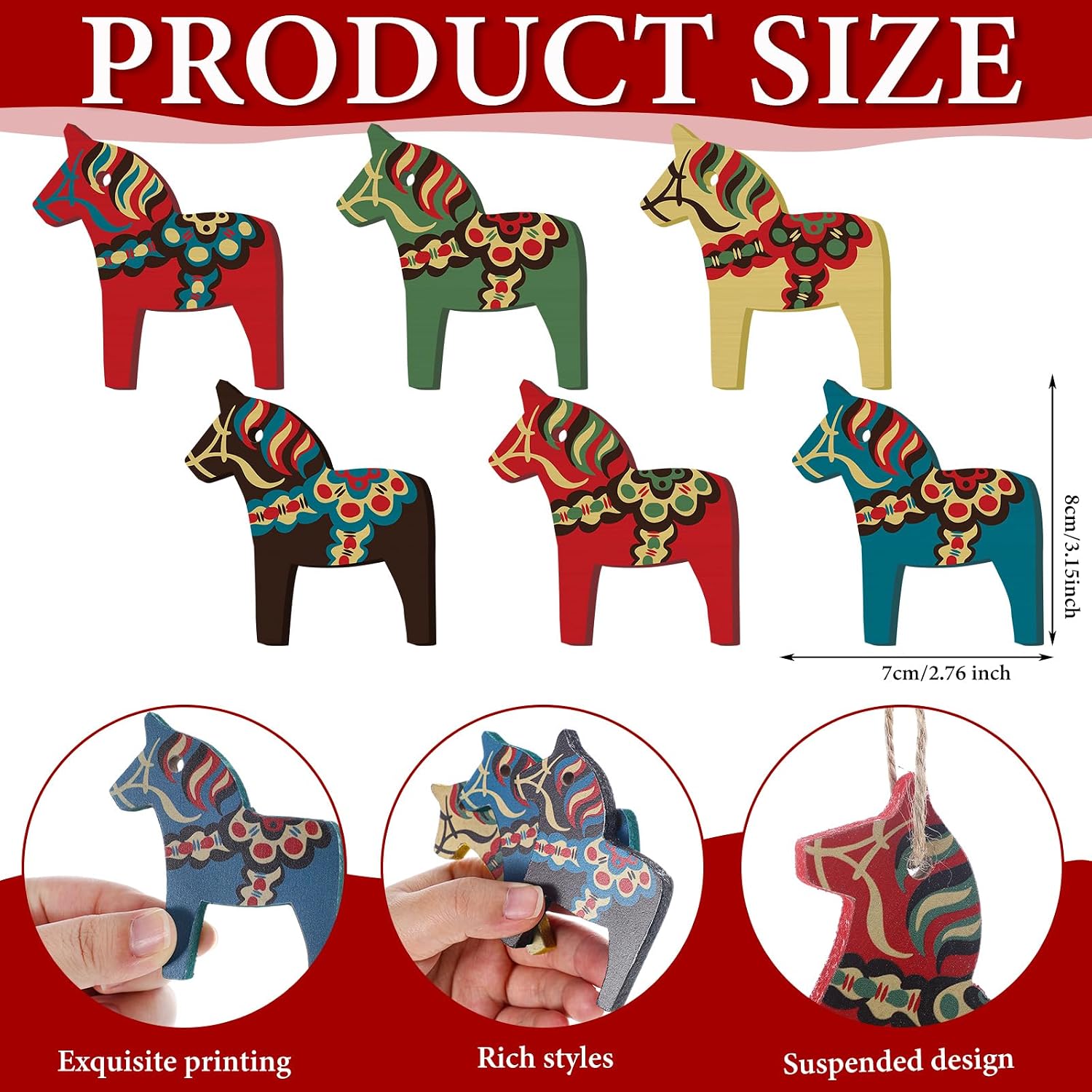 Vercraft 6 Pcs Swedish Dala Horse Christmas Ornaments Wooden Dala Horse Hanging Pendant Decorative Dalecarlian Horse Figurine Christmas Decorations for Home Xmas Tree Party Gift (Vintage Color)