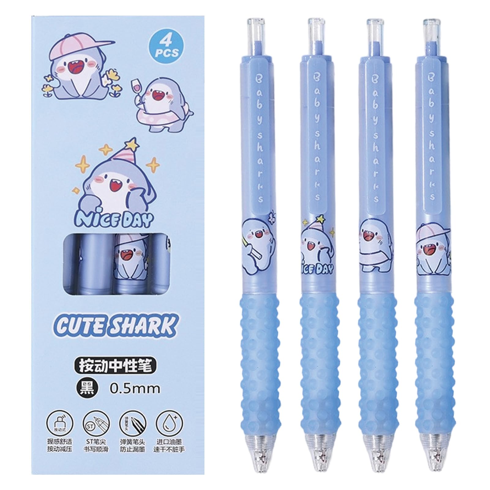 4 szt. urocze długopisy z motywem rekina, kreskówka, chowane, 0,5 mm, czarny atrament, długopis kawaii, dla dziewcząt, chłopców, kobiet, mężczyzn, biurowe przybory szkolne (rekin)