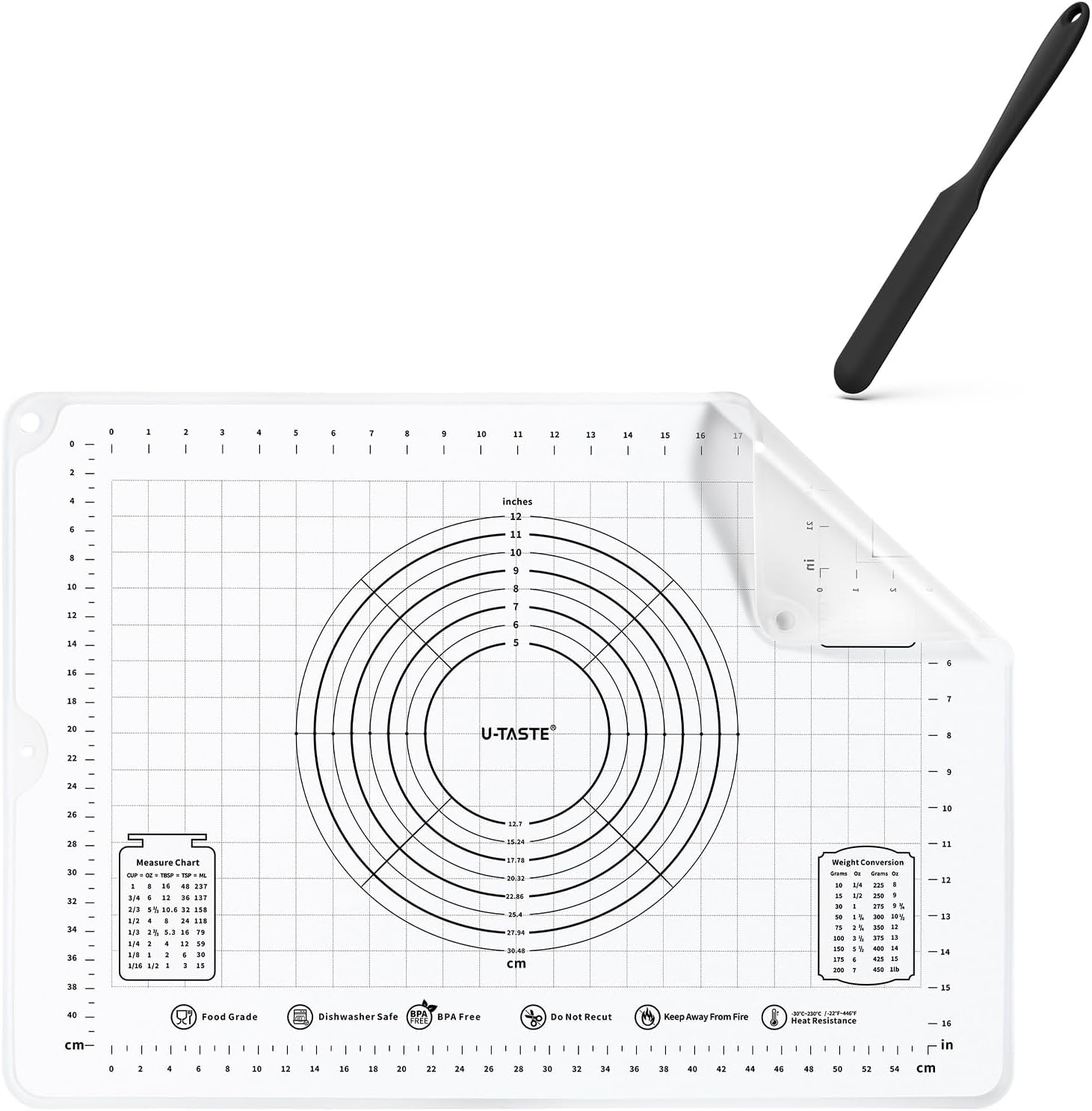 U-Taste 600ºF Heat-Resistant 10in Long Skinny Silicone Jar Spatula, and 20inx28in Large Silicone Pastry Mat Food-Grade Non-Stick Dough Rolling Mat (Black+Transparent)