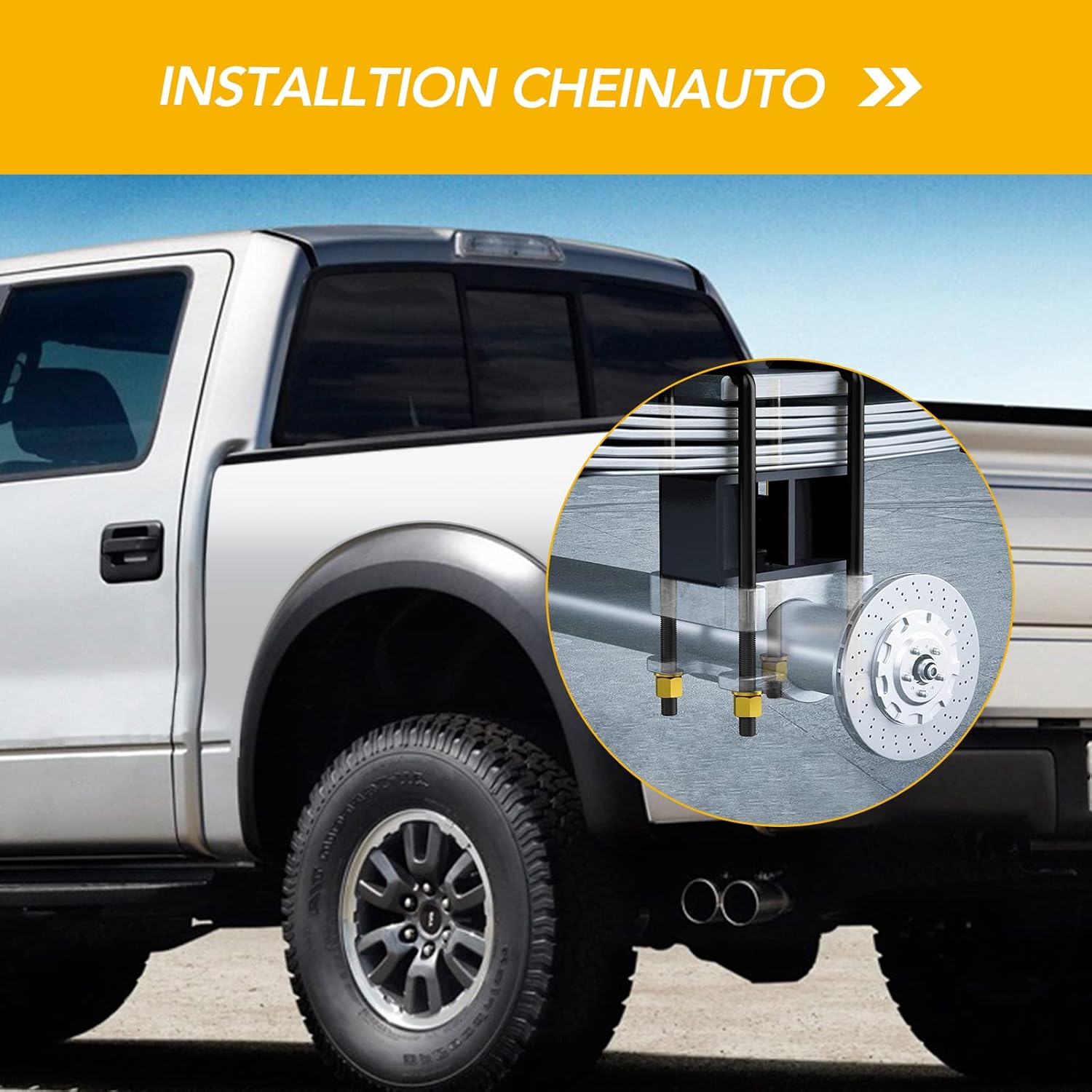 3" F150 Leveling Lift Kits - 3 inch Raise Blocks & U-bolts Set, Leaf Rear Leveling Lift End Block Kit and Extra Long Square Leaf Spring Axle U Bolts for 2004-2021 F150 2WD/4WD