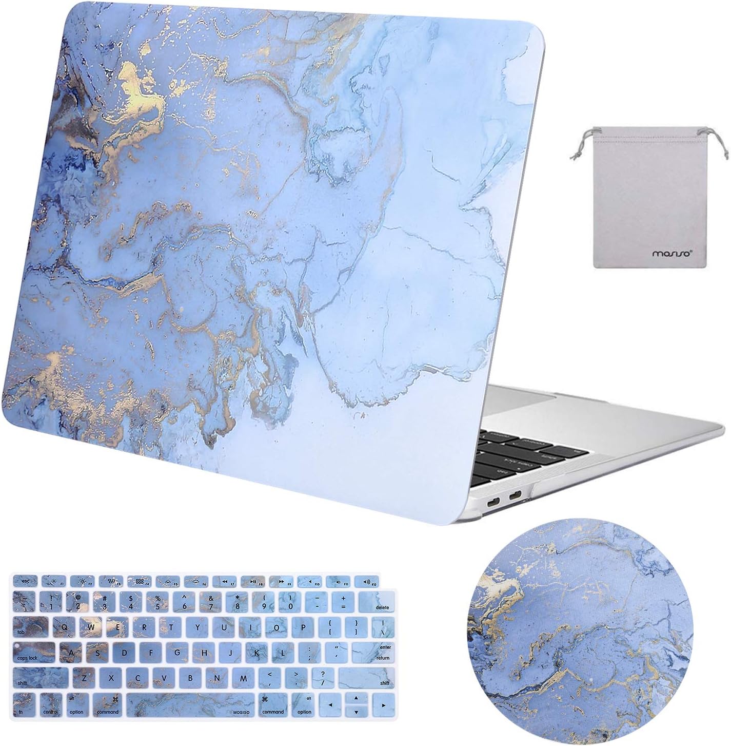 MOSISO Compatible with MacBook Air 13 inch Case 2022 2021 2020 2019 2018 Release A2337 M1 A2179 A1932 Retina Display, Plastic Watercolor Marble Hard Shell Case&Keyboard Skin&Mouse Pad&Pouch, Blue