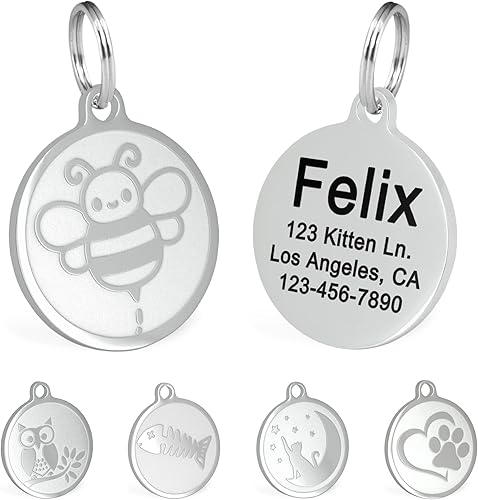 Ultra Joys Etiquetas grabadas con nombre de gato personalizadas etiqueta de identificación de gato de acero inoxidable etiquetas de identificación