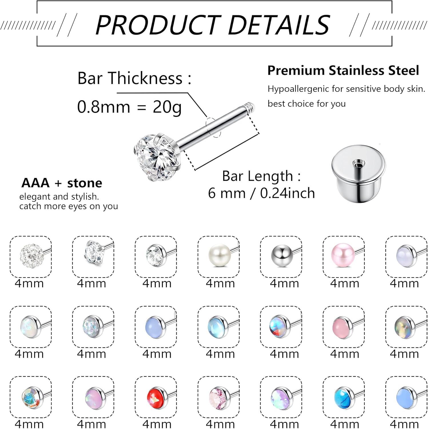 LOYALLOOK 21Pairs 20G Hypoallergenic Stud Earrings Set for Women Men 316L Stainless Steel Cartilage Flat Back Stud Earrings CZ Opal Screwback Earrings Studs Piercing Jewelry Multicolored - Image 3