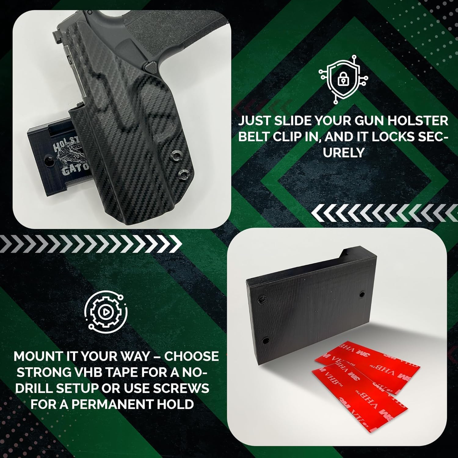 Holster Gator Tactical Mount, Belt Clip Holster Holder for Car, Truck, Desk & Wall, Secure Concealed Carry Storage for Vehicle, Home, Office, Includes Sticky Dash Installation Kit