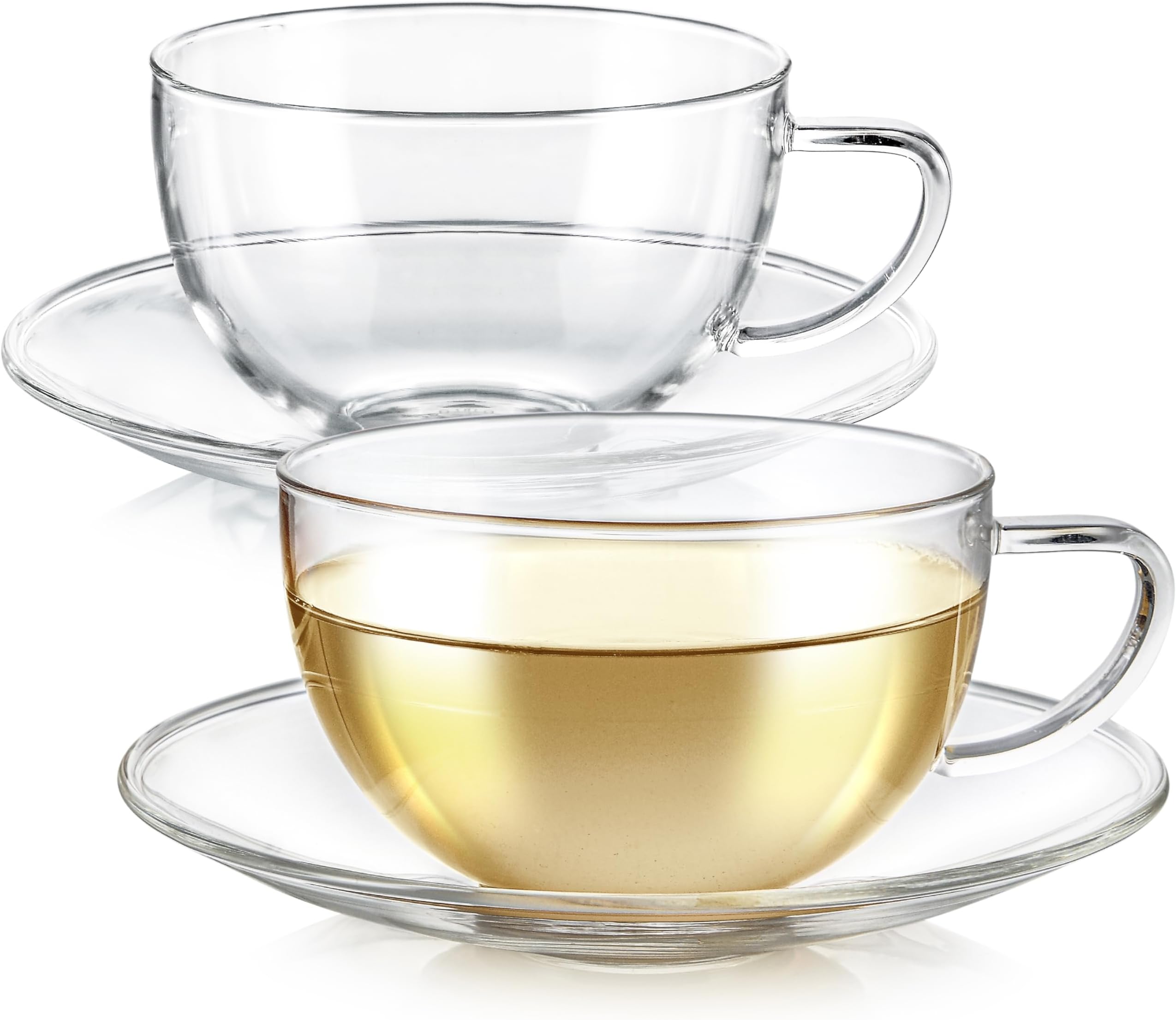 Kyoto Teacup and Saucer Set 2-Pack – Large Size – 12 OZ/ 350 ML Capacity – Crystal Clear Design –– Premium Borosilicate Glass – Heat Resistant, Microwave Safe – Glass Mug Set