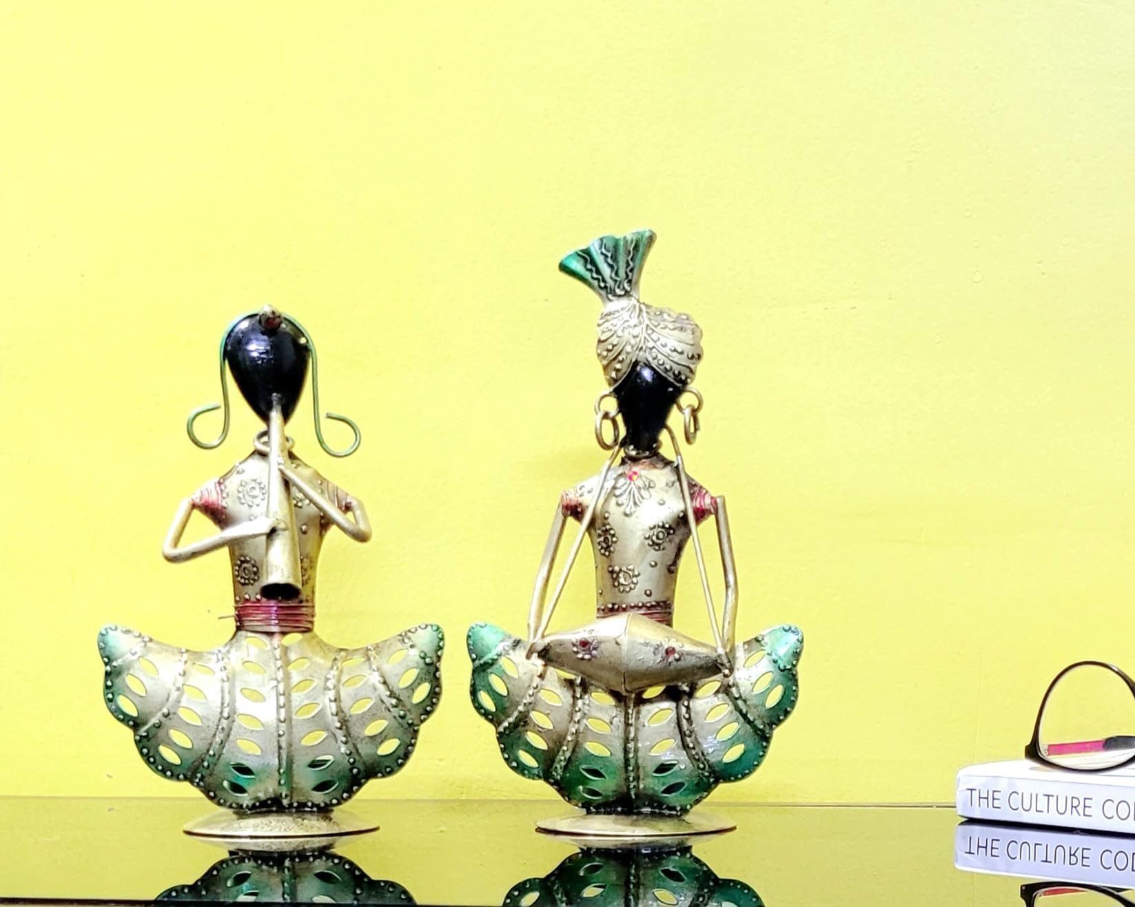 KITTENSKITTENS Rajasthani Decorative Metal Tribal Rajasthani Musician Couple T Light Candle Holder | Decorative Figurines | for Living Room Decor | Table Décor | an Ideal Gift Item | Set of 2 (22 x 13 cm)