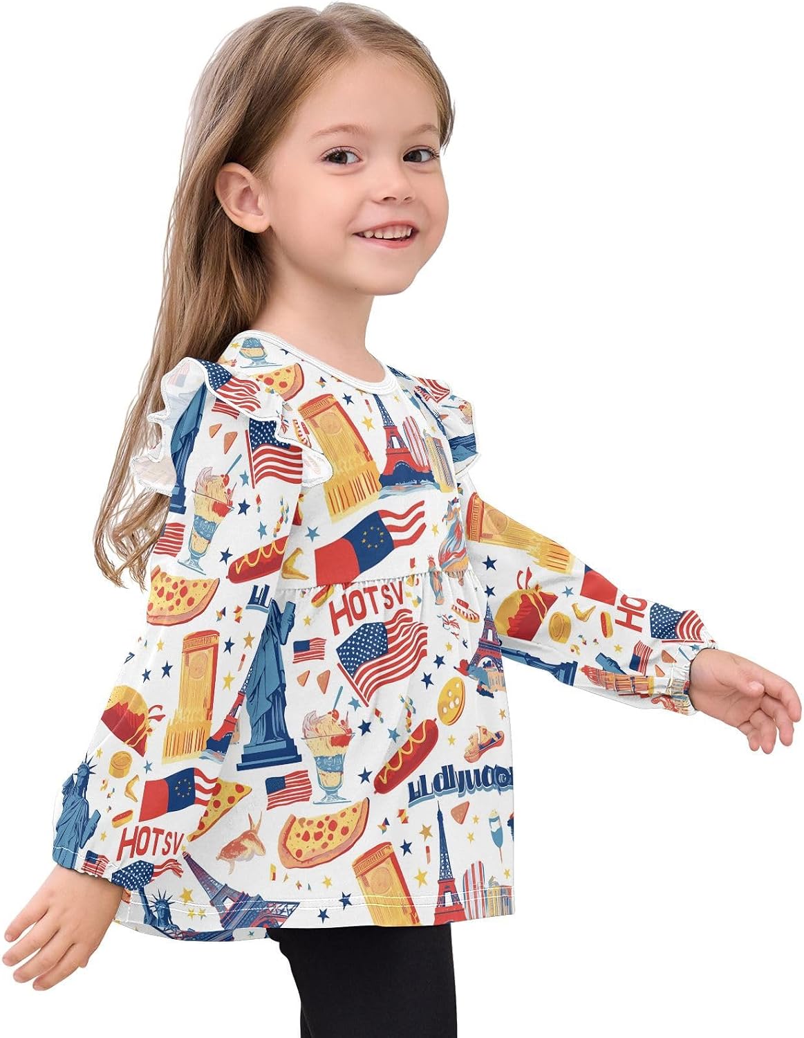 visesunny Toddler Clothes for Girls American Iconic Foods Long Sleeve Fall Shirts Cotton Top with Ruffle Collar
