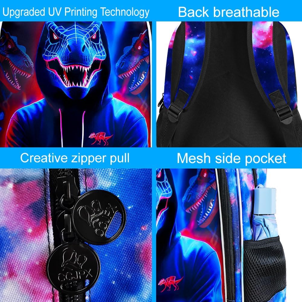 gxtvo 3PCS Kids Dinosaur Game Bookbag, 17" Boys Dino Backpack with Lunch Box, Water Resistant Middle Elementary School Bag - Dinosaur Game - Image 5