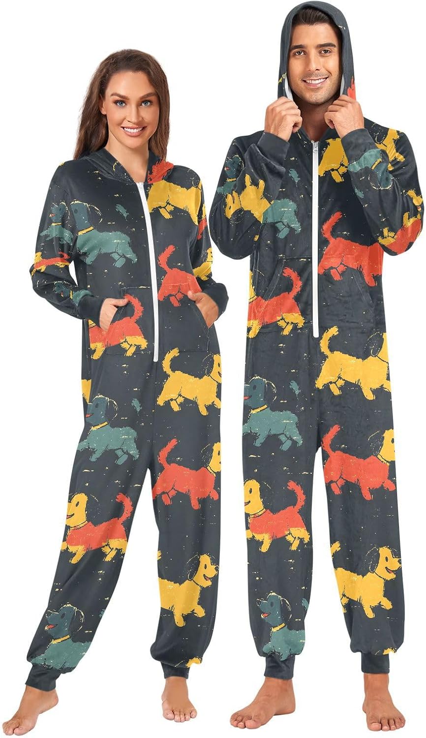 Retro Dog Black Adult Onesie Pajamas Novelty One Piece Costume Sleepwear Jumpsuits Matching PJS