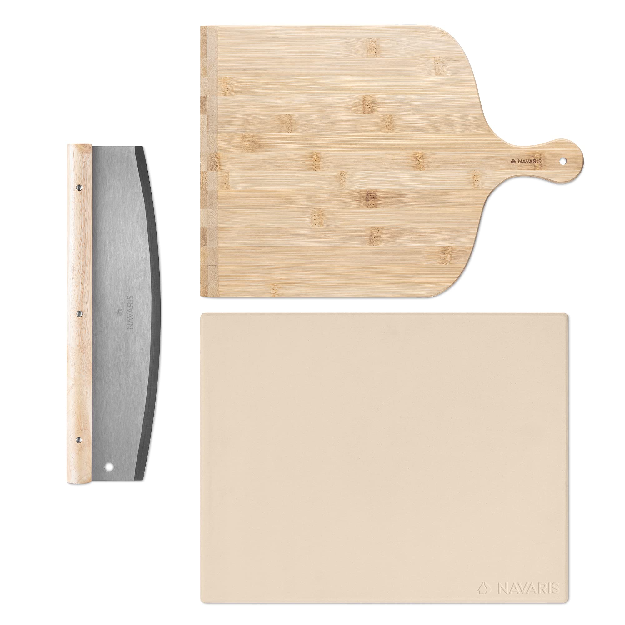 Navaris Piedra para pizza con pala y cuchillo medialuna - Base de cordierita de 38 x 30 CM con accesorio para cortar y paleta - Horno barbacoa grill