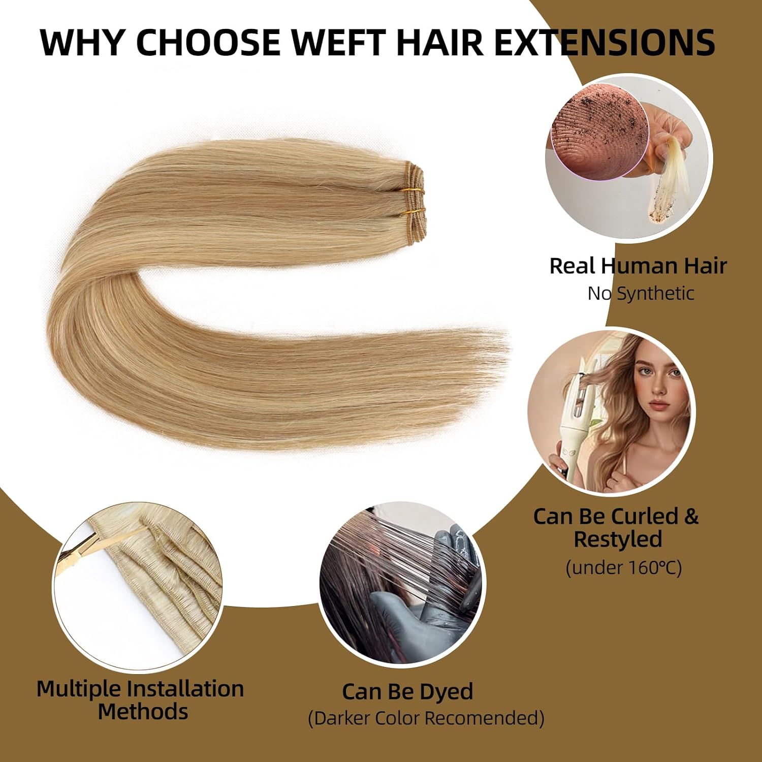 Sew in Hair Extensions Real Human Hair, 22 Inch 110g Double Weft Straight Remy Hair, Ash Blonde Highlighted Bleach Blonde (613) Weave Bundles for Women