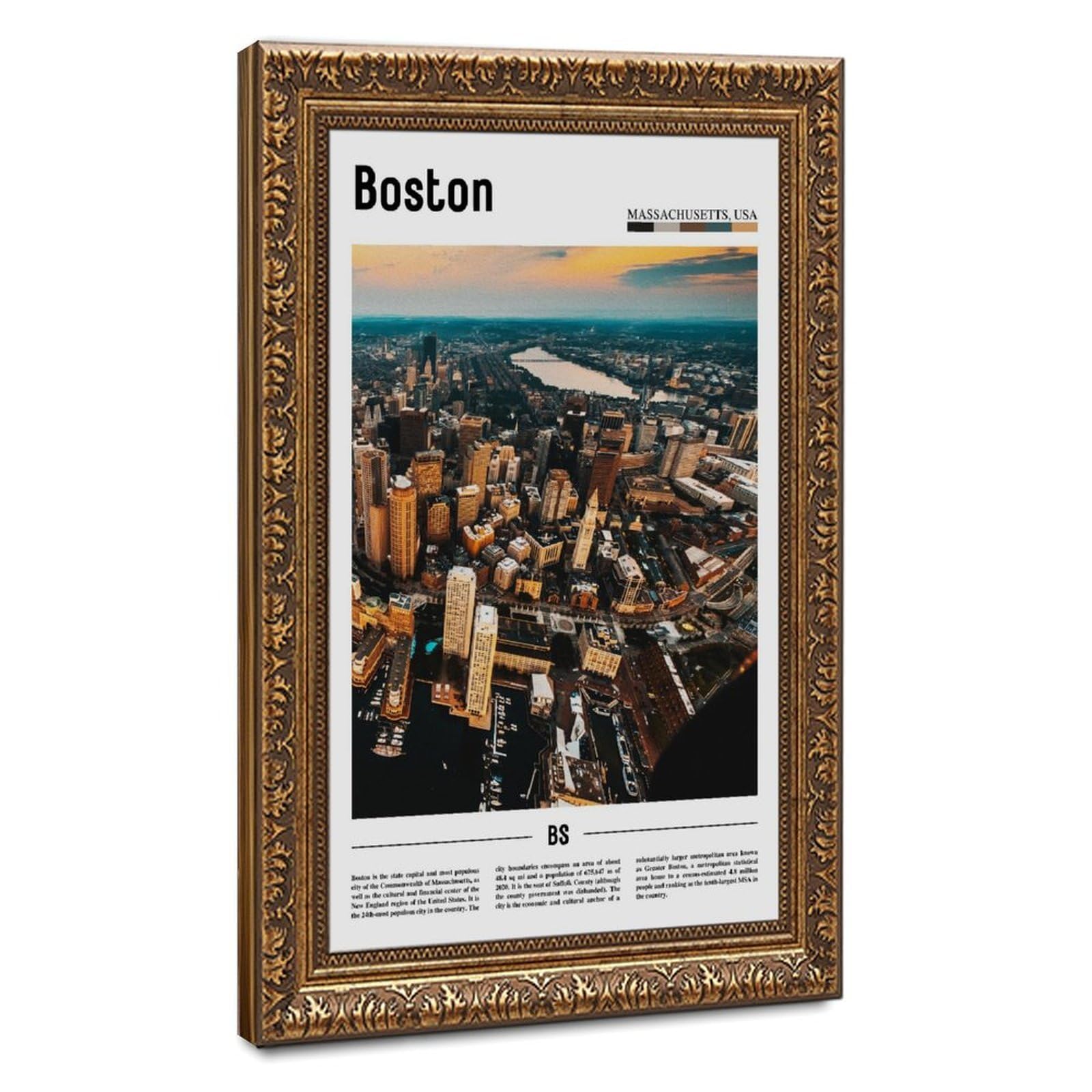 Wcyb Retro Gold Frame Boston Massachusetts、 The United States Of America Scenery Travel Prints Posters Canvas Deco Paintings Wall Art For Office Living Room Hangable Frame