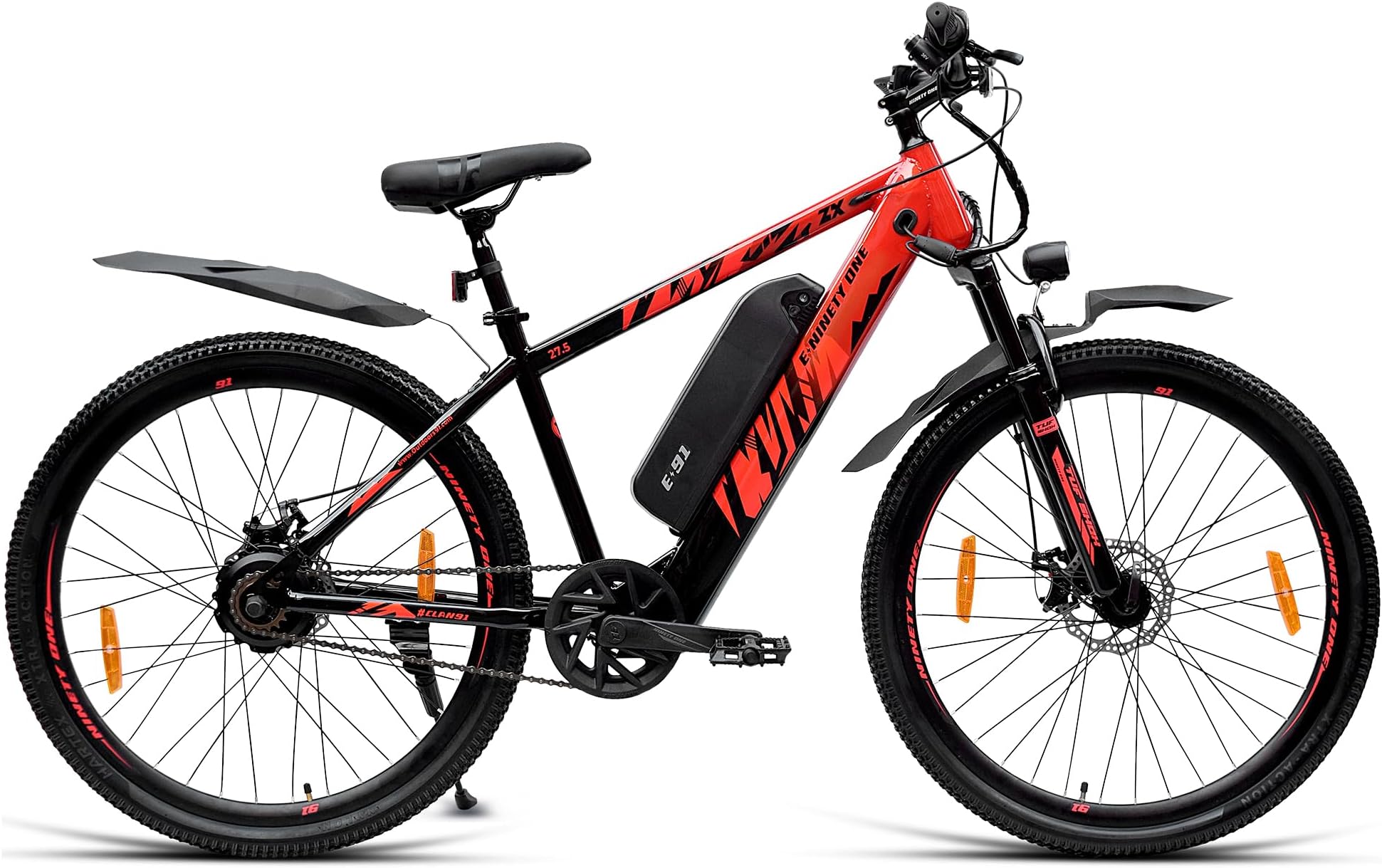 NINETY ONE ZX | Electric Cycle | 10.4Ah Battery | 27.5T | 91 Tuf Shox Front Suspension 80mm Travel | 250 Watt IP65 BLDC Motor | 85% pre-Assembled | 2 Years Battery Warranty | Black Red