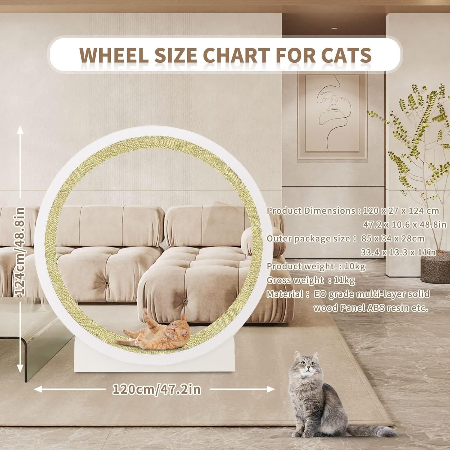 Cat Exercise Wheel, Inside Diameter 43.3 Inch Cat Wheel Exerciser for Indoor Cats, Cat Treadmill Wheel, Fitness Weight Loss Device, Cat Running Wheel, Noiseless Rollers