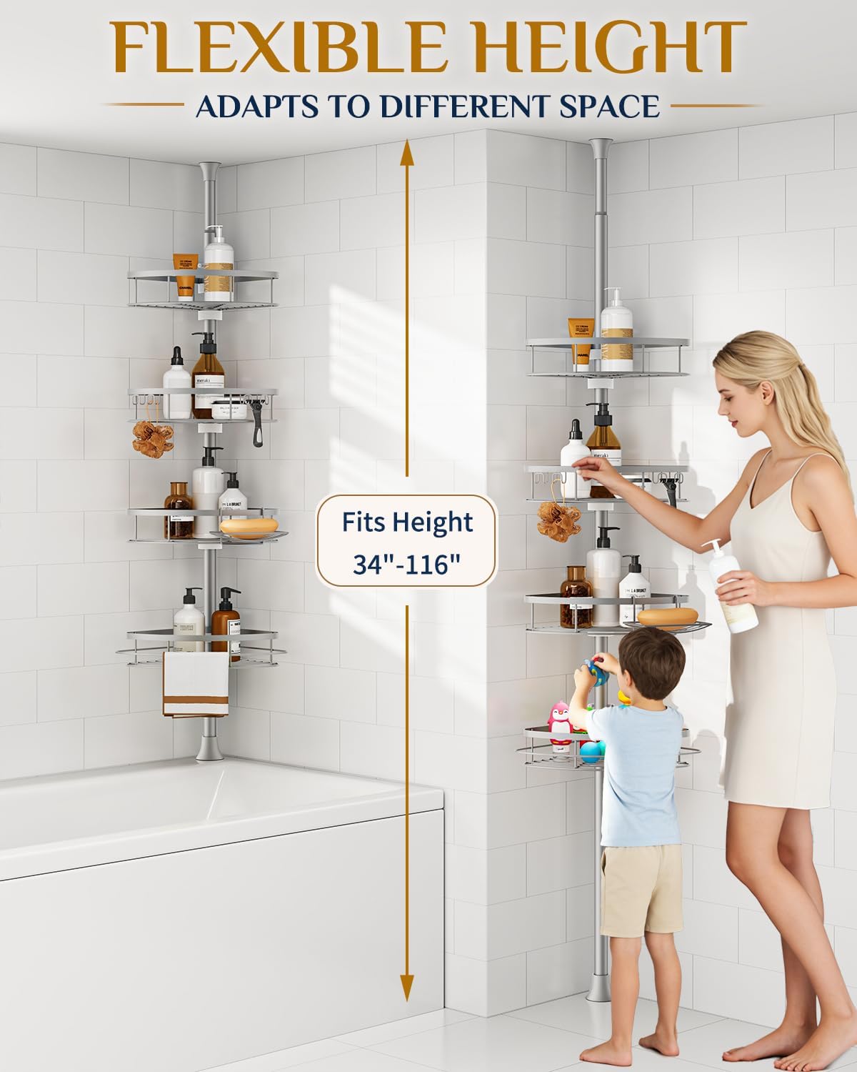 Rustproof Shower Corner Caddy Organizer for Bathroom, 4 Adjustable Shelves with Tension Pole, for Bathtub Shampoo Accessories Storage Holder, 34 to 116 Inch Height, Silver Grey