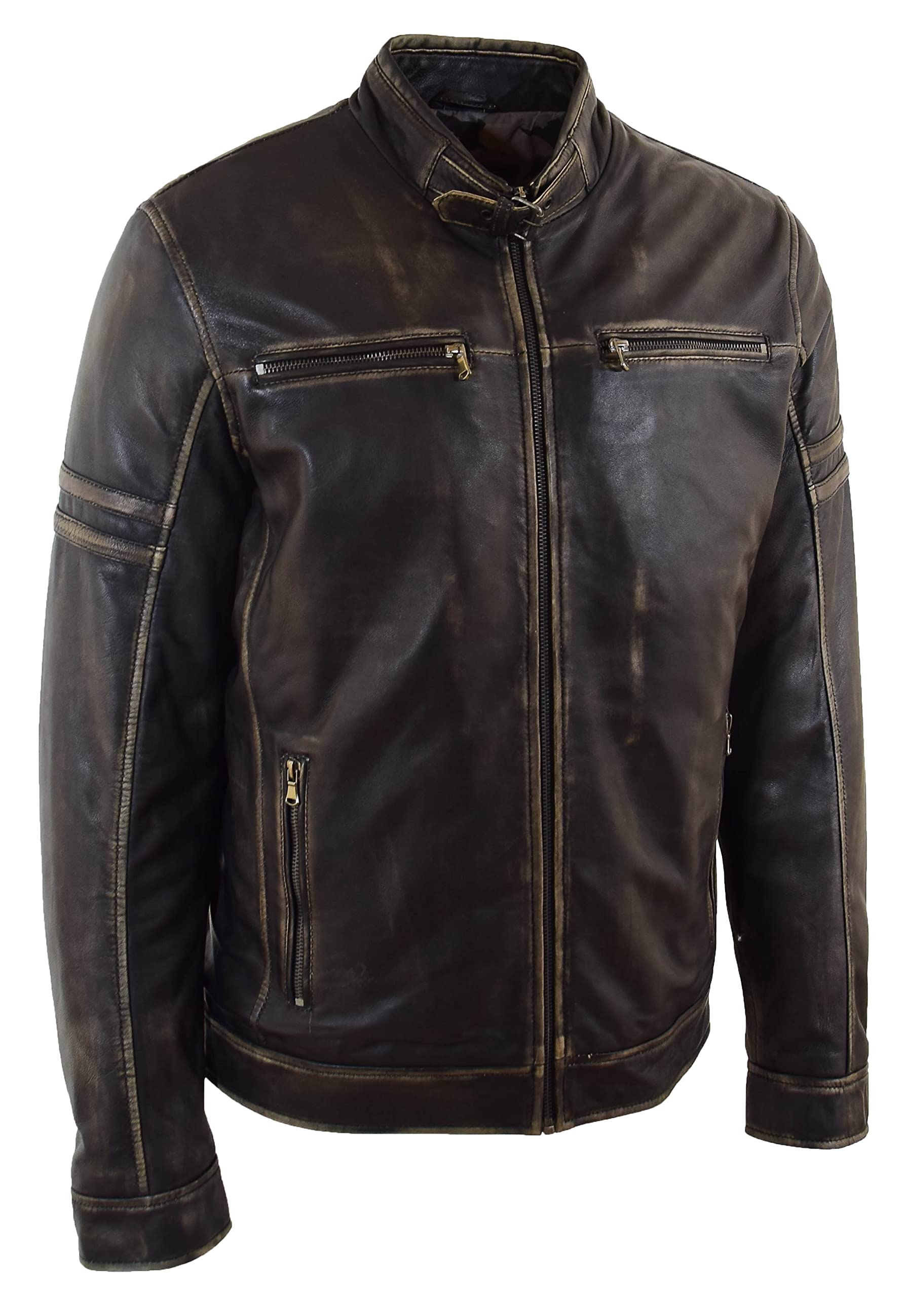 A1 FASHION GOODS Mens Leather Biker Style Jacket Vintage Black Rub Off Fitted Casual Cafe Racer AIDEN XL