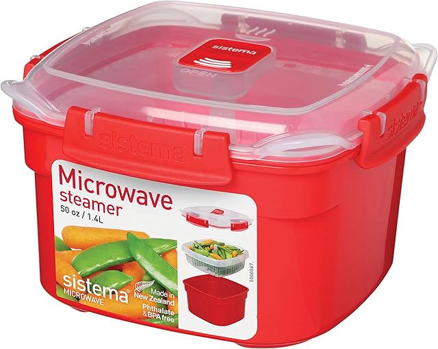 Sistema Microwave Steamer with Removable Steamer Basket | 1.4 L Small Square Food Steamer | BPA-Free | Red/Clear