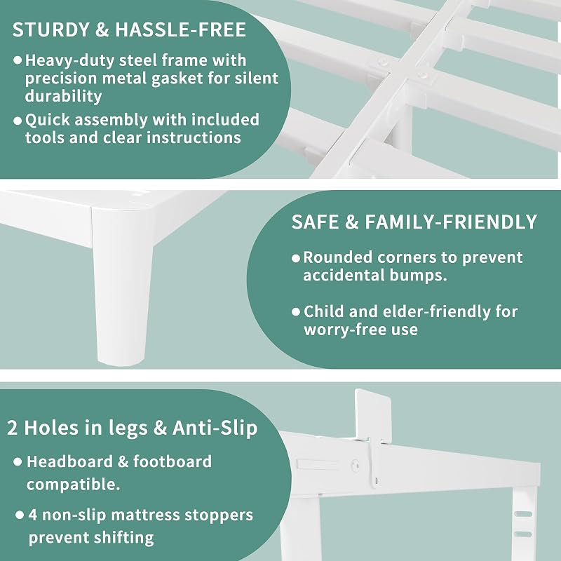 ITIMIDI 10 Inch Queen Bed Frame, Heavy Duty, No Box Spring Needed, White image 6
