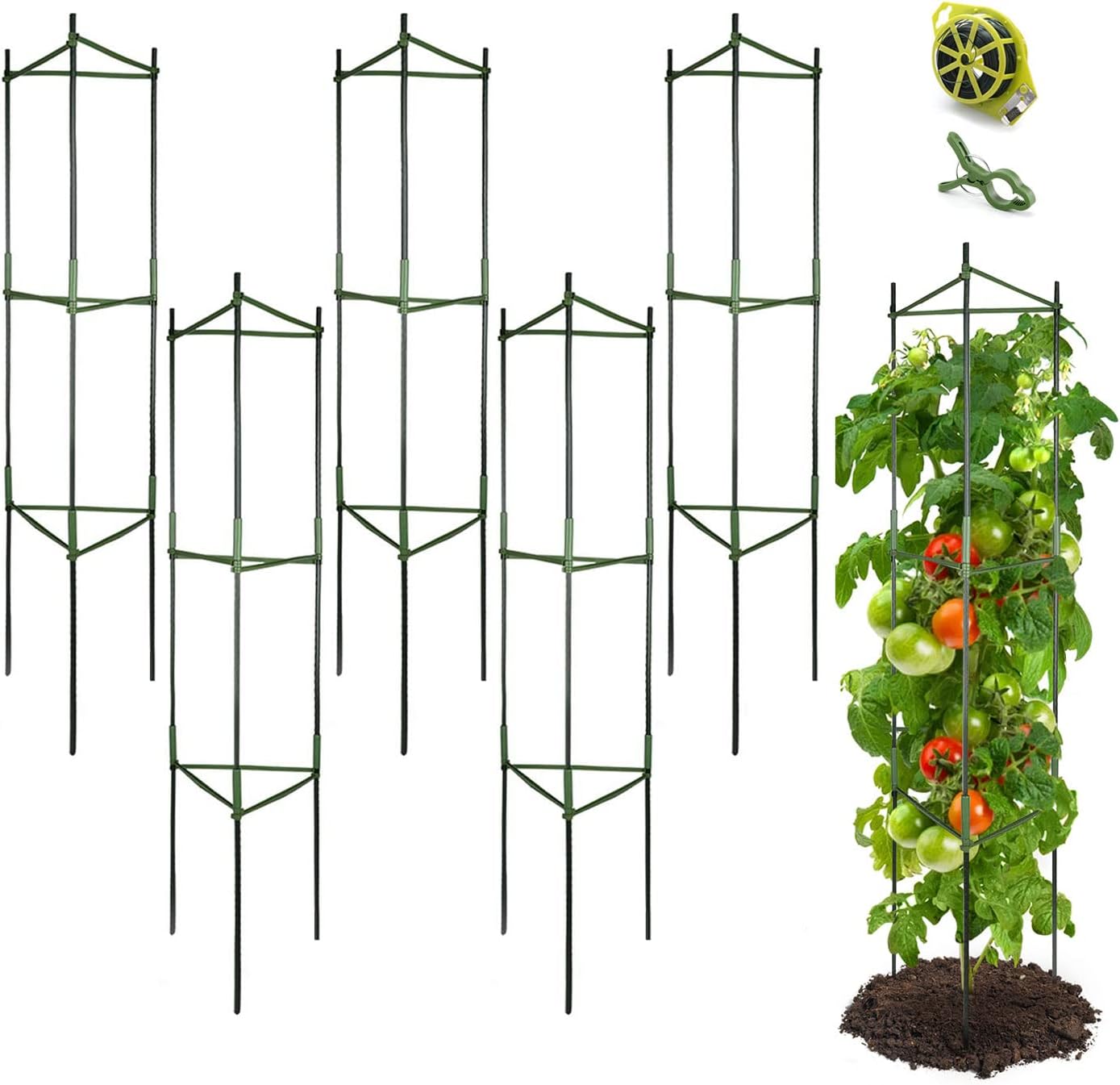 GROWNEER 6 Packs Tomato Cages, Up to 51 Inches Plant Cages Assembled Tomato Garden Cages Stakes Vegetable Support Trellis, with 18Pcs Clips and 328 Feet Twist Tie, for Vertical Climbing Plants