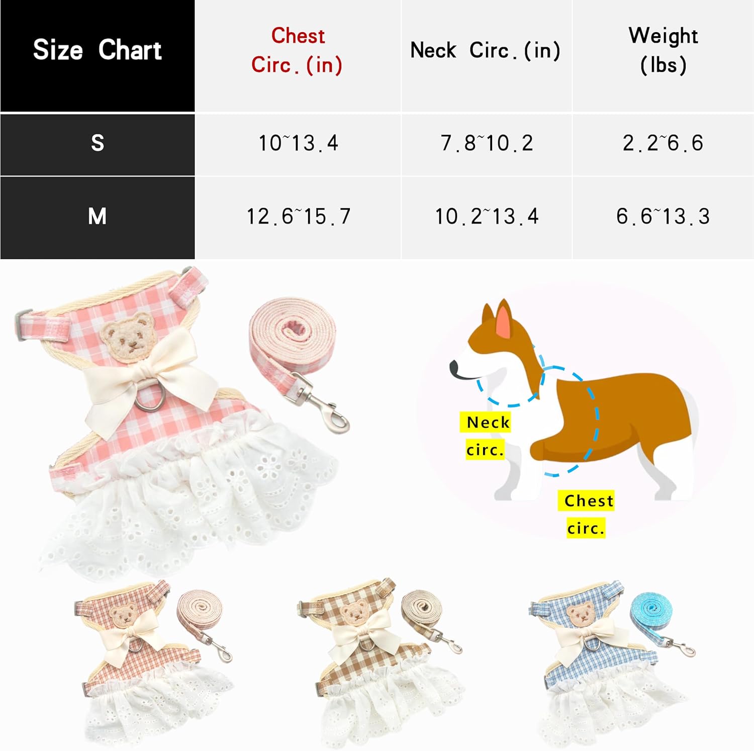 Cute Bear Harness Leash Set 2Pcs Cat Rabbit Dog Bow Plaid Premium Vest Princess Dress Collar Adjustable Breathable Soft Mesh (Pink1 + Blue, Small)