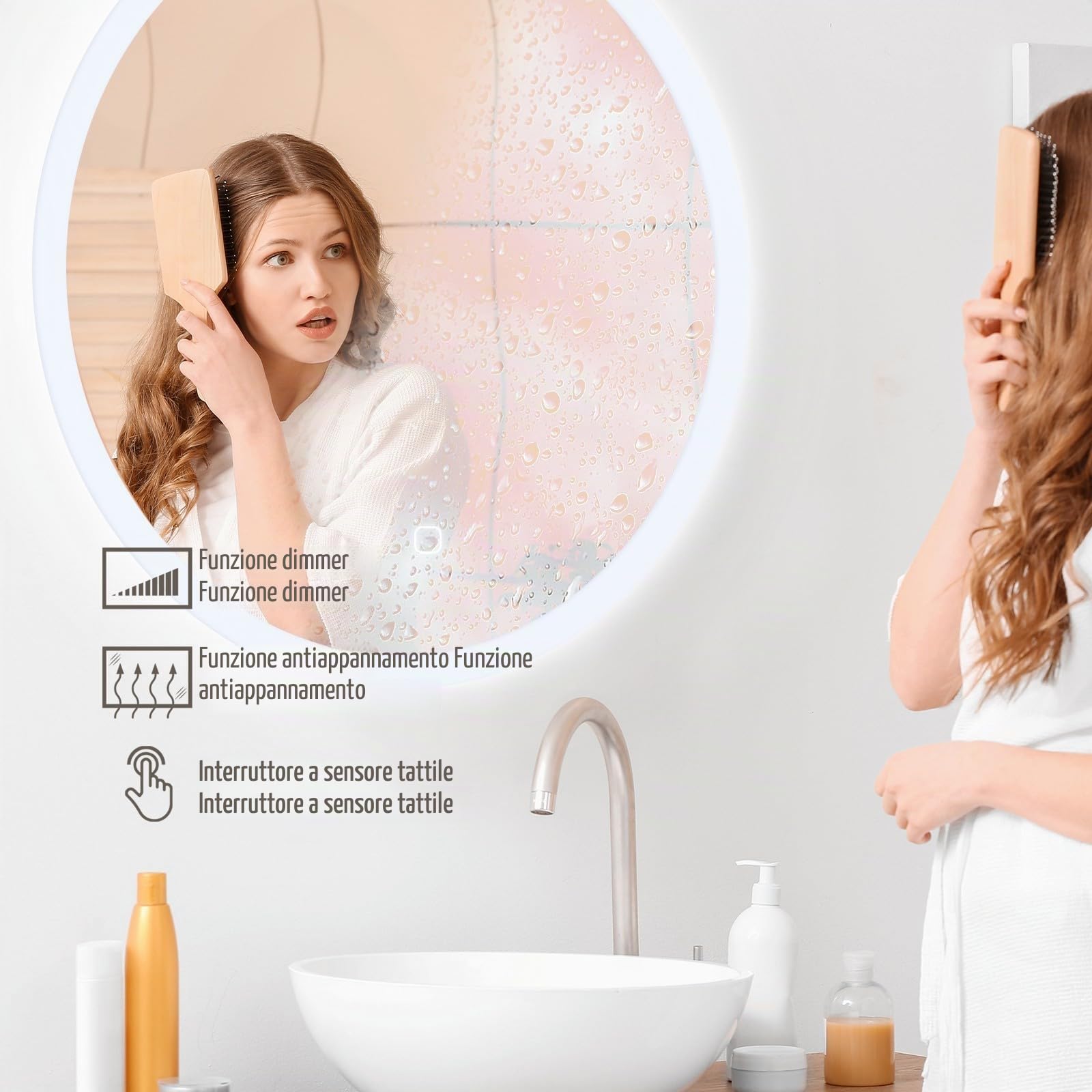 Aquamarin® Specchio LED Rotondo - A++, Controluce Bianca Fredda/Calda/Neutra, Touch, Antiappanamento, Diametro a Scelta - Retroilluminato Tondo, da Bagno, Parete, con Illuminazione (Ø80cm)