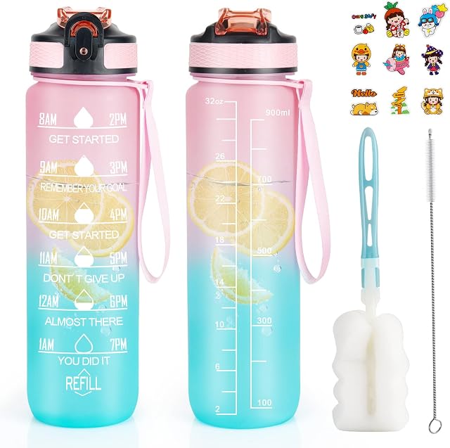 KETIEE Sports Water Bottle 1 Litre, Motivational Water Bottle with Straw Sport Drinks Bottle with Time Markings BPA Free Tritan Drinking Cup with Brush for Fitness and Outdoor Enthusiasts(Pink Blue)
