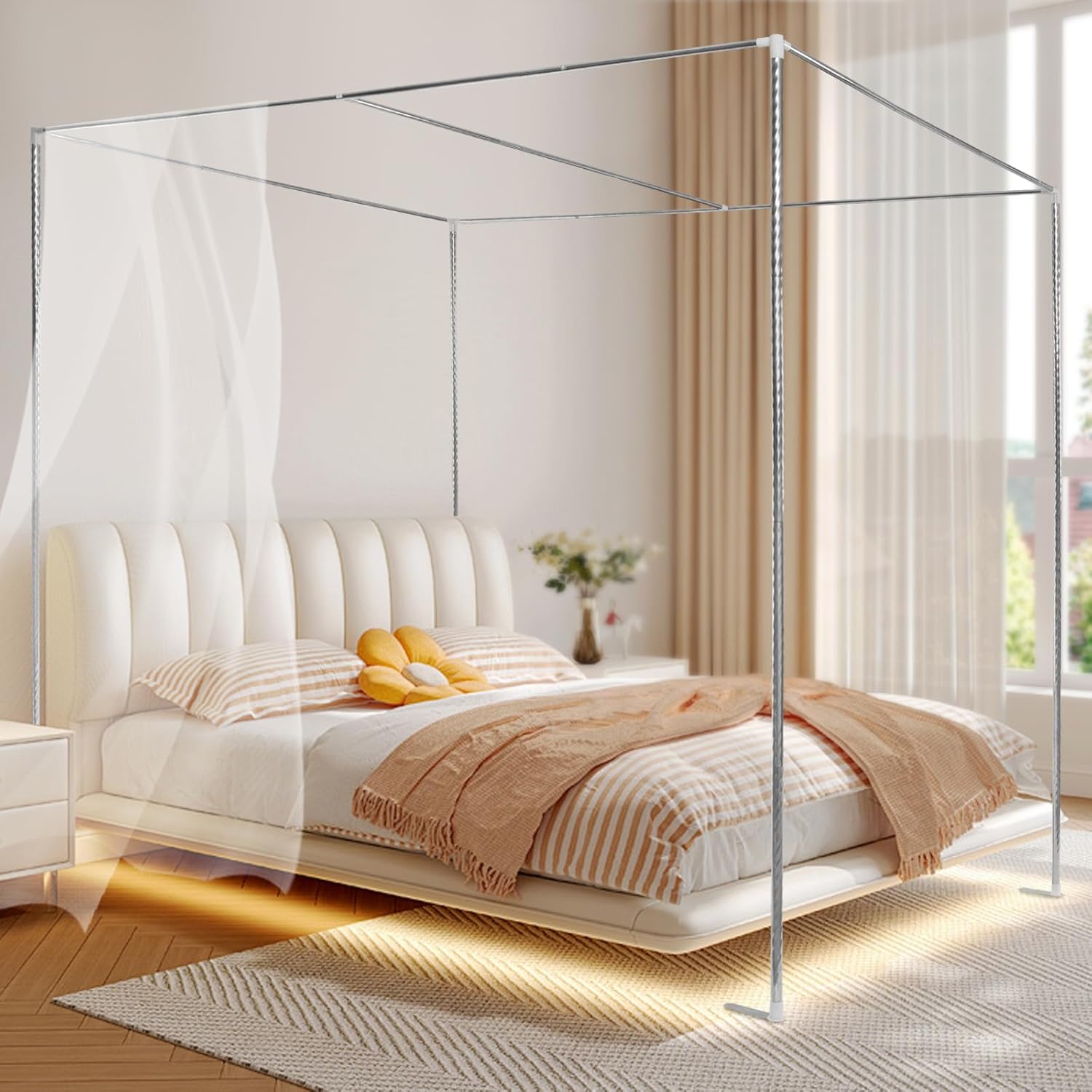 Canopy Bed Frame,Stainless Steel Four Corner Bed Canopy Poles Mosquito Net Frame Thickened Metal Canopy Frame Poles for Metal and Wood Bed Frames, Bedroom Decor Upgrade,59"x78"x78"(Queen)