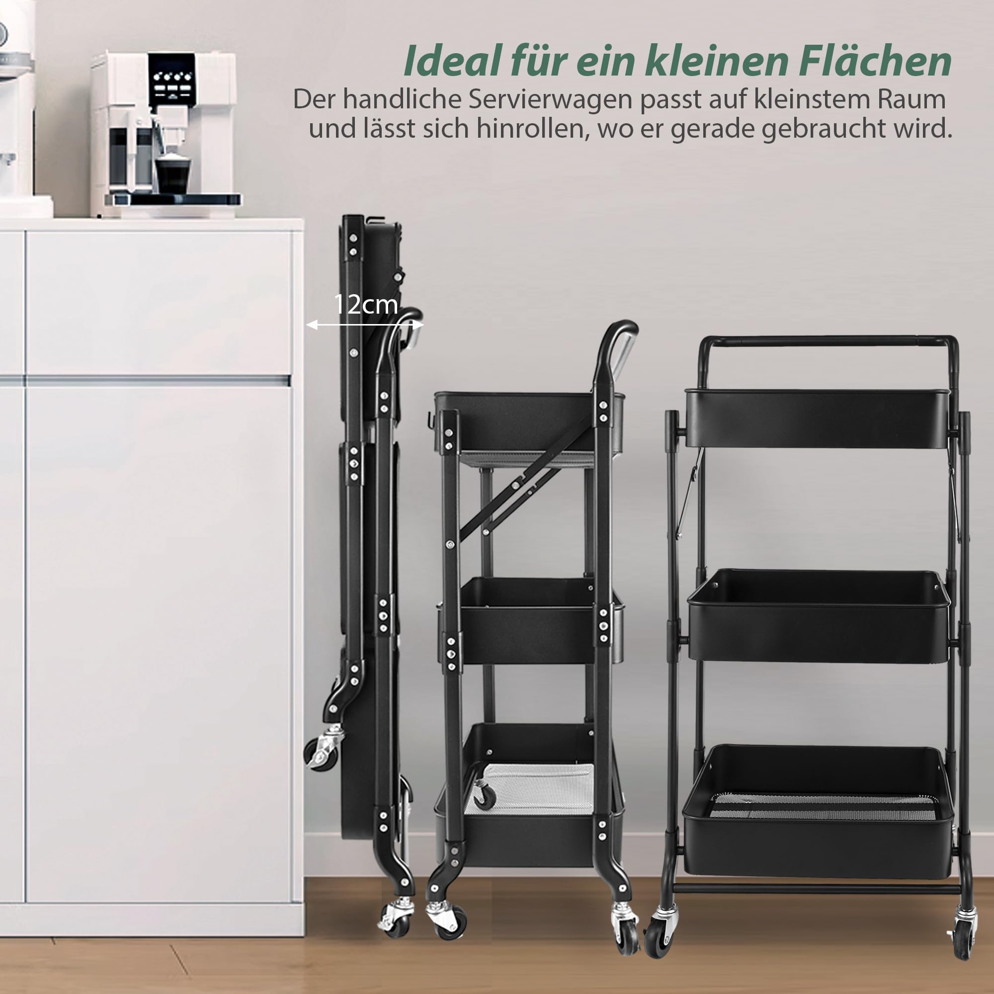 Amatic Beistellwagen 3 Etagen Küchenregal, klappbar Servierwagen mit Rollen, Metall-Stauraumwagen, Küchenwagen mit Griffen, Rollwagen Küche Trolley Kunststoff, Platzsparendes Badregal, Schwarz