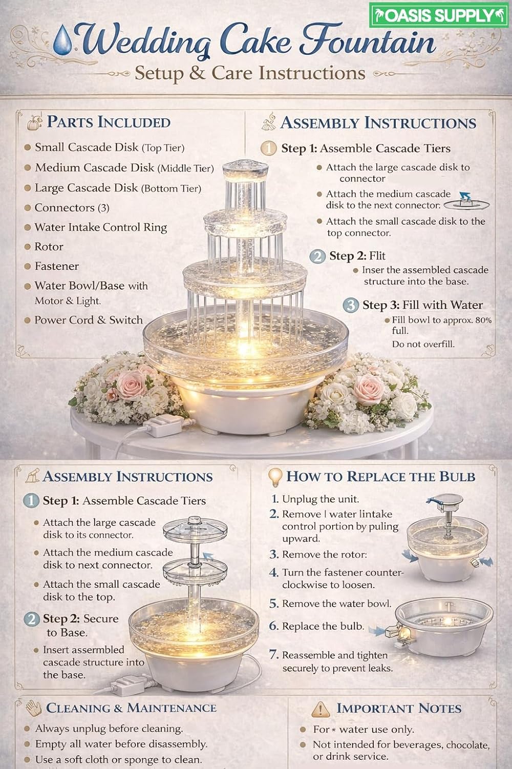 Oasis Supply, 12.5" Lighted Wedding Cake Water Fountain – Clear 3-Tier Decorative Cake Centerpiece Fountain, 10" Wide, Plug-in (No Batteries), for Water Only