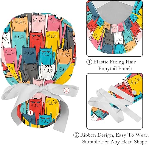 Vista 4 de Gorras de trabajo con patrón de cabezas de gato de dibujos animados con botones, sombreros de pelo largo para cola de caballo para mujeres