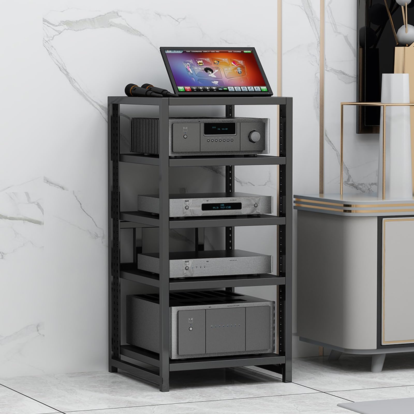 Rangement pour matériel audio et vidéo sur meuble Hi-Fi noir à étagères épurées