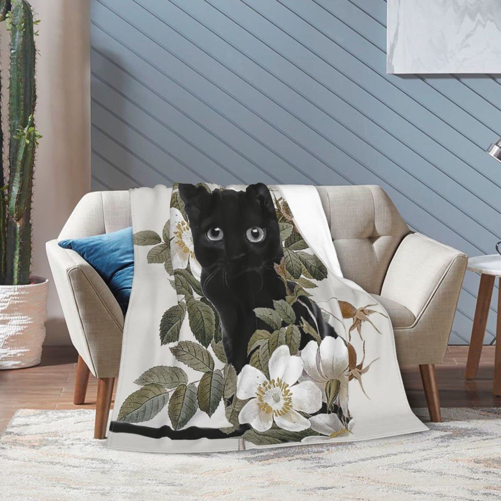 Amazon｜毛布 シングル ブランケット 花 黒猫 ネコ柄 猫柄 ウール