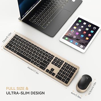Wireless Keyboard and Mouse Set, seenda Ultra Slim Quiet USB Wireless Keyboard and Mouse Full Size QWERTY UK Layout with Numeric Keypad for Windows PC, Laptop, Computer, Black and Gold