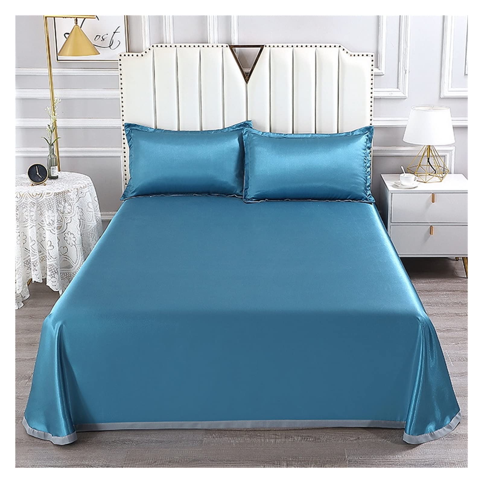 EBzvblxm Ice Silk Bed Sheet, Ice Silk Bed Sheet Set With Pillowcase, Multicolor, Multiple Sizes, Machine Washable(Luxury- Blue,230x250cm 3PCS)
