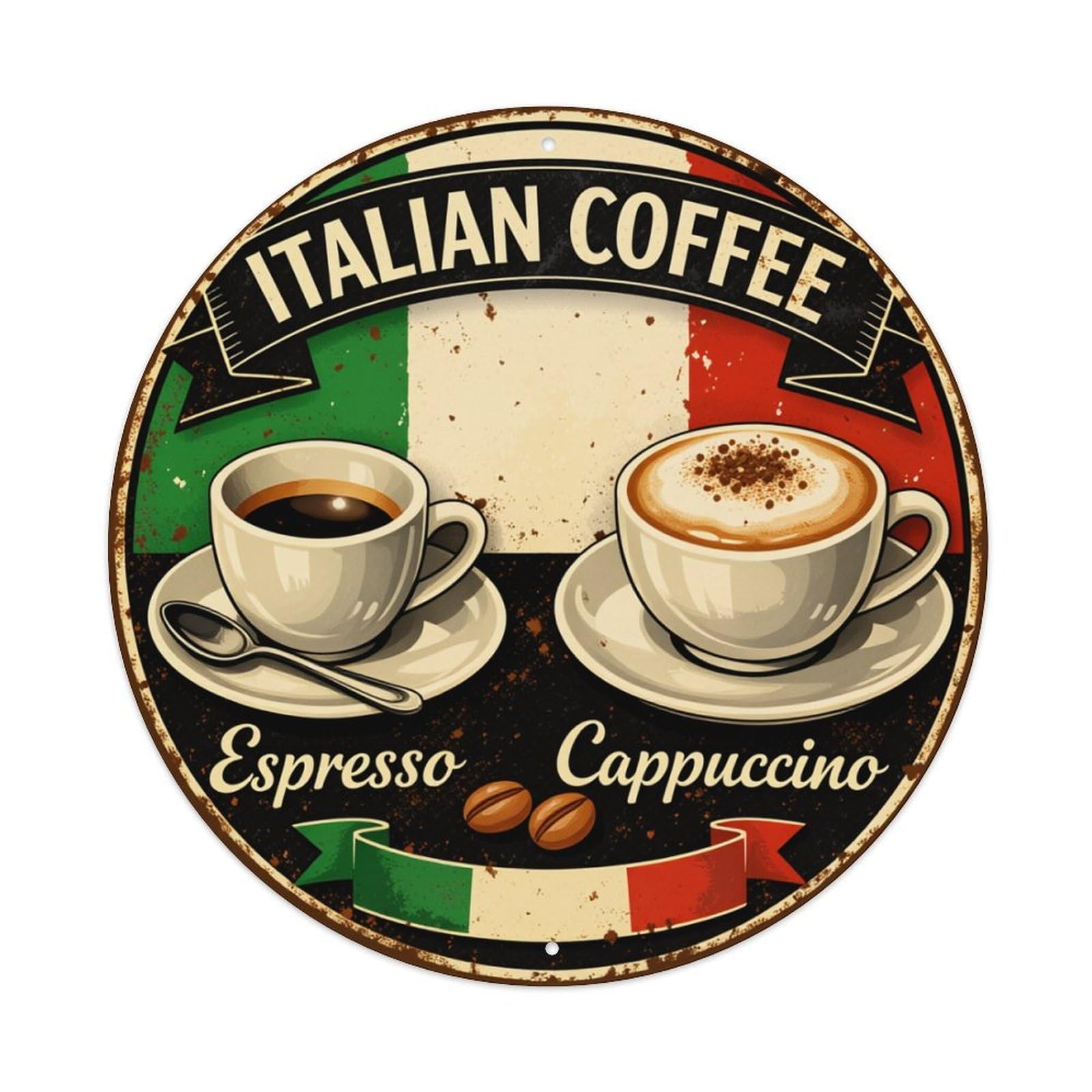 Italian Coffee Espresso Cappuccino Flag Round Tin Sign Vintage Metal Poster, Home Bar Garage Man Cave Cafe Indoor & Outdoor Wall Decoration 8x8Inches